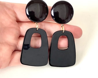 CLIP ON Black Acrylic Drop Handmade Earrings