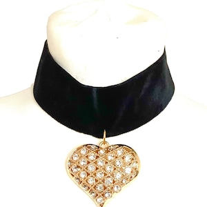 Wide Black Velvet and Gold Crystal Heart Choker