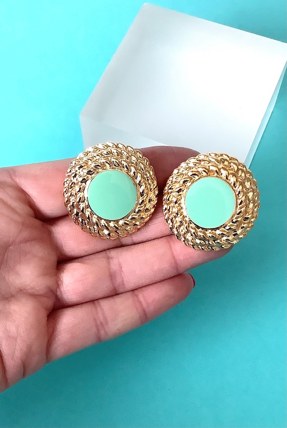 Boucles D'oreilles Clips Vintage Années 80 - Pierre Aigue-marine, Couleur Dorée