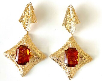 Boucles D'oreilles Clip Vintage Perles Ambrées Couleur Or - Modèle 5433, Occasion Parfait état