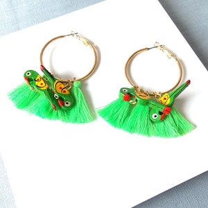 Green Wooden Parrot and Tassel Hoop Earrings