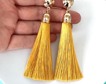 CLIP ON Yellow Tassel Handmade Statement Earrings