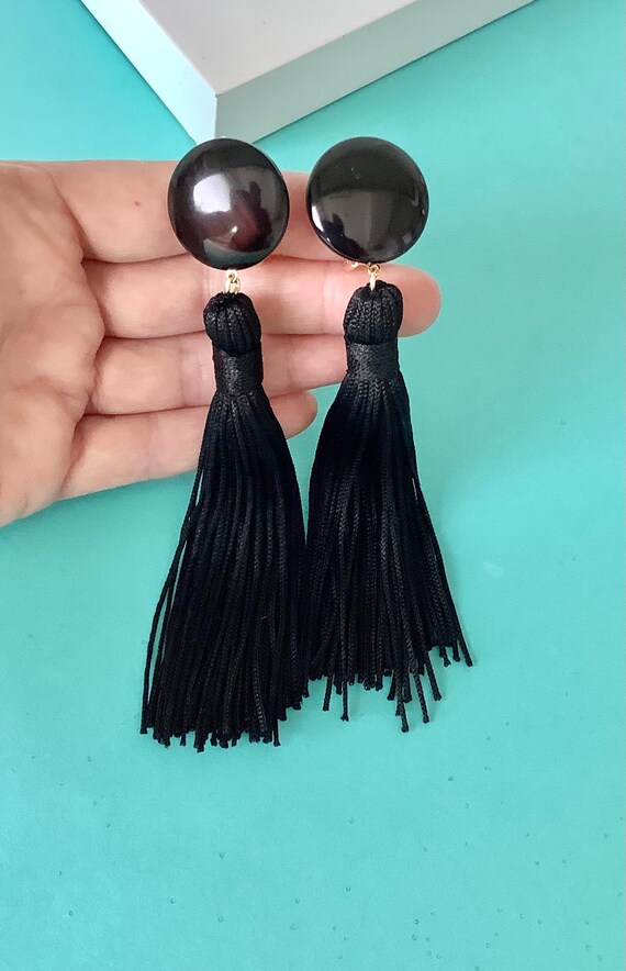 CLIP ON Black Handmade Tassel Drop Statement Earrings Etsy UK