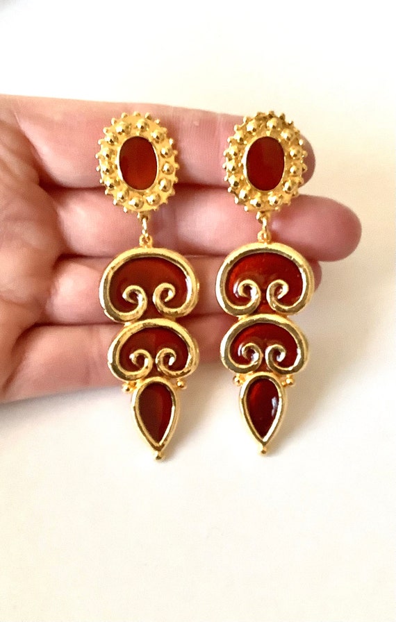 CLIP ON Vintage 90’s Tan and Gold Statement Earri… - image 2