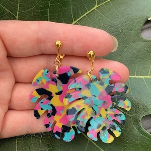 CLIP ON Multi Coloured Monstera Leaf Acrylic Earrings