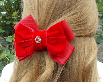 Filles Dames Red Velvet Jewel Hair Bow