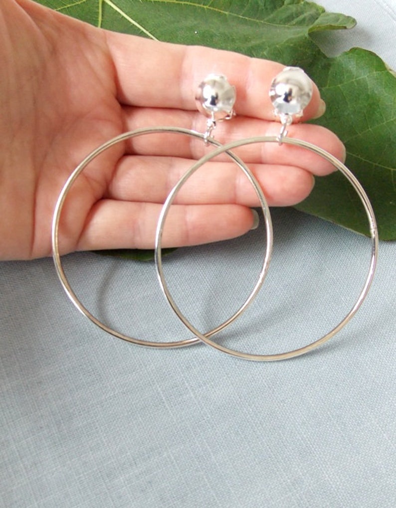 CLIP ON Silver Handmade Large Hoop Earrings