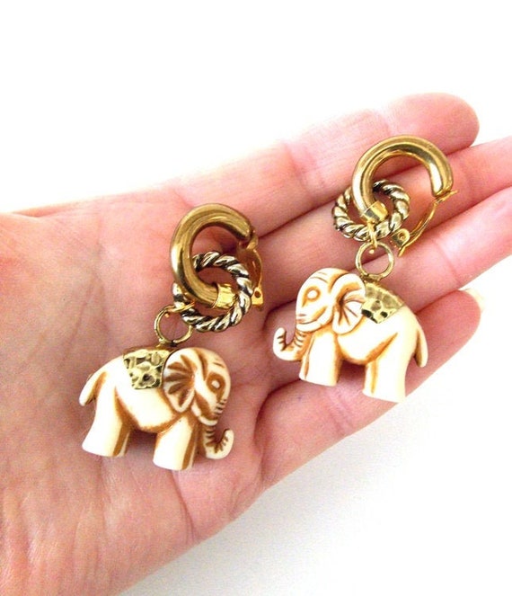 Boucles D'oreilles Vintage Clips - Motif éléphants En Laiton - Créateur/défilé - Occasion