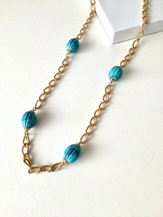 Vintage 80’s Gold and Turquoise Frank Usher Chain… - image 4