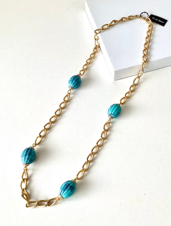 Vintage 80’s Gold and Turquoise Frank Usher Chain… - image 2