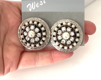Boucles D'oreilles Clip Argentées Avec Perles De Cristal - Bijou Vintage - État Impeccable