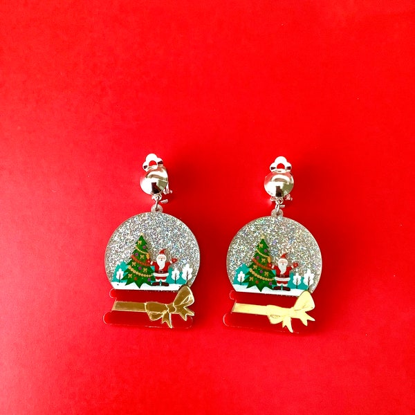 CLIP ON Silver Glitter Xmas Snowstorm Fun Festive Christmas Earrings