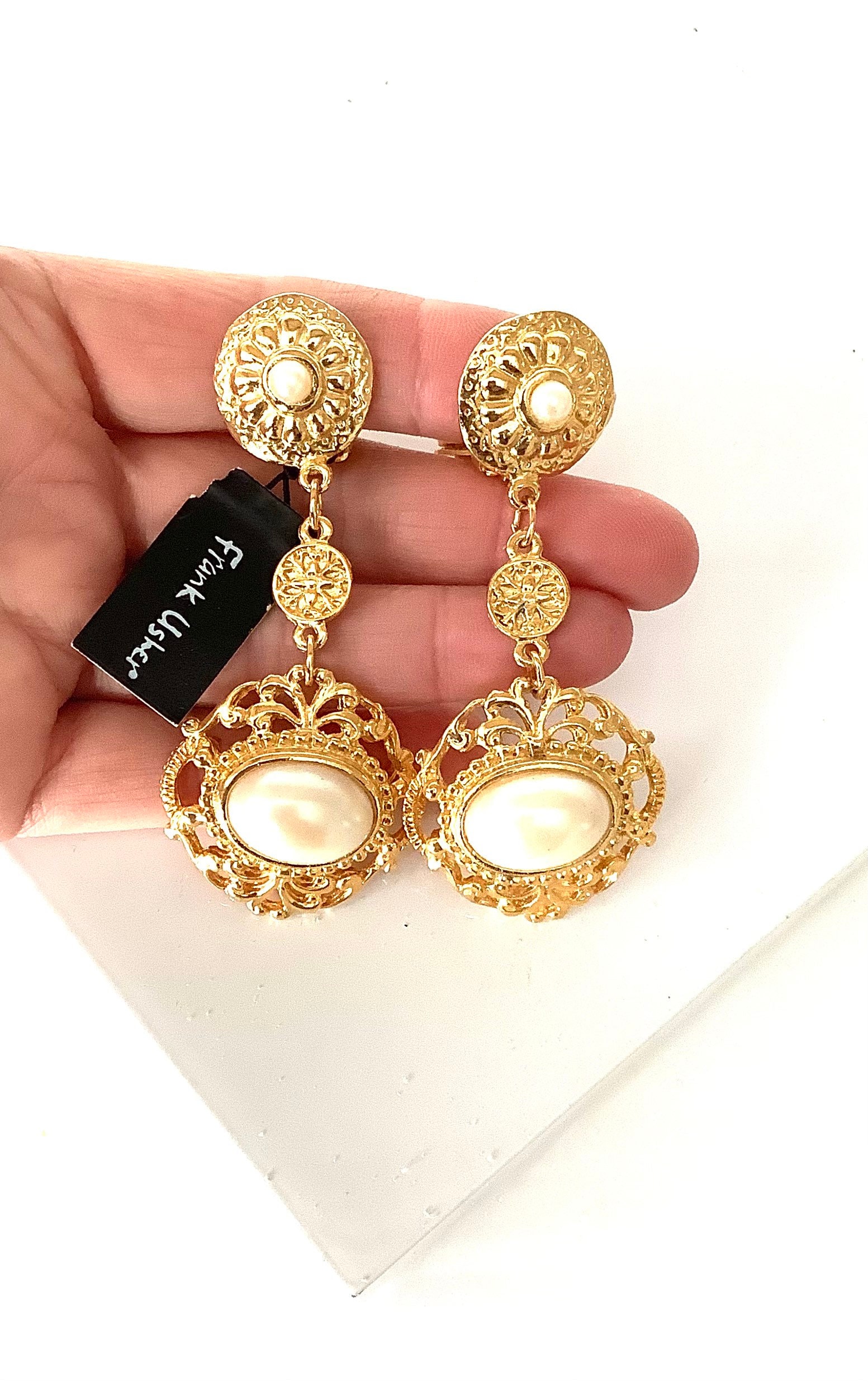 CLIP ON Vintage 80s Gold and Pearl Earrings by Frank Usher Etsy