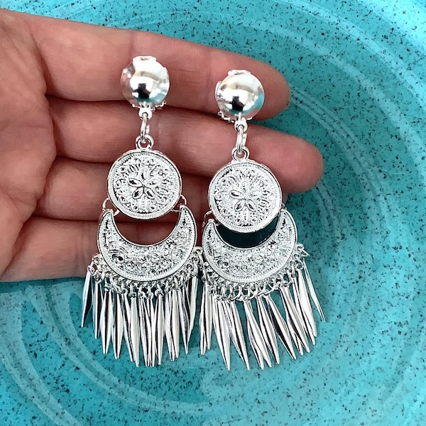 CLIP ON Silver Boho Drop Statement Earrings