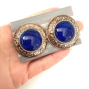 Vintage 80’s Big Blue and Gold Pierced Earrings
