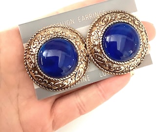 Vintage 80’s Big Blue and Gold Kolczyki Przekłuwane
