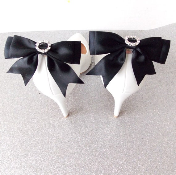 Ladies Black and Diamante Satin Bow Shoe Clips Etsy