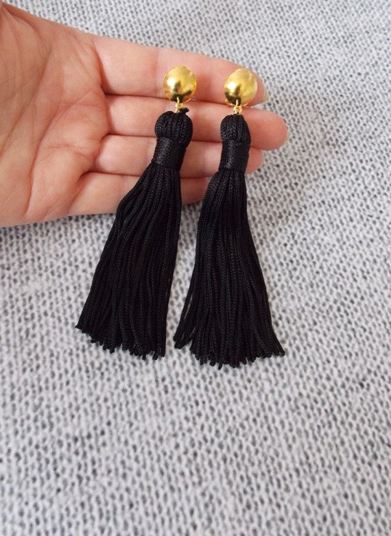 CLIP ON Black Tassel Statement Earrings Etsy UK