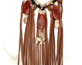 Tan Tassel and Bead Boho Festaival Statement Necklace