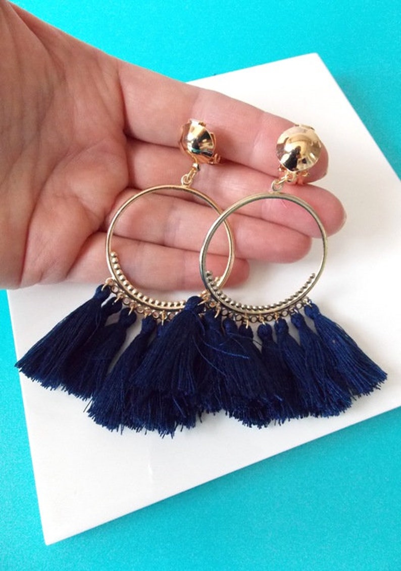 Clip-On Navy Blue Tassel Hoop Drop Boho Handmade Earrings