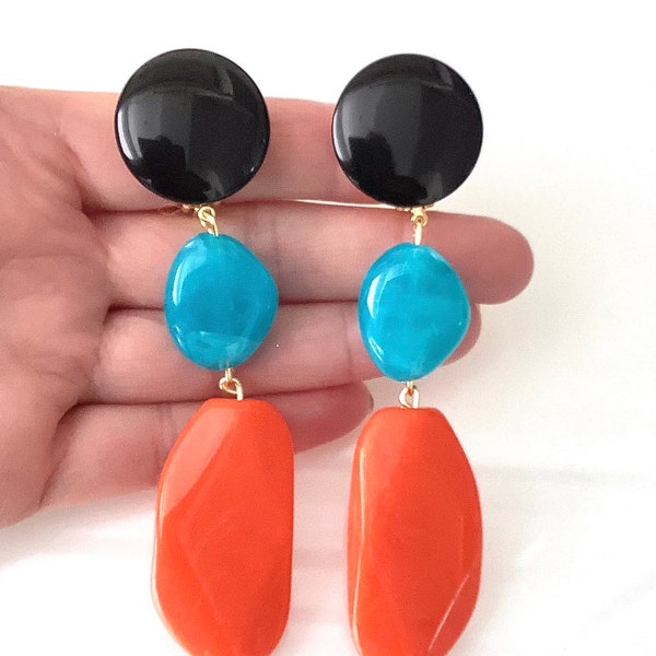 CLIP ON Long Orange Turquoise and Black Bead Statement Earrings