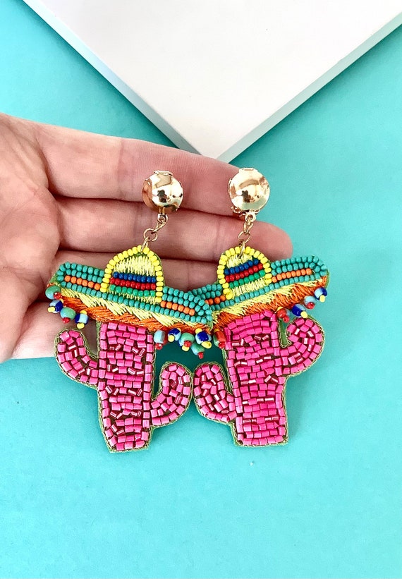 Pink Beaded Cactus Earrings Pink Beaded Cactus Earrings