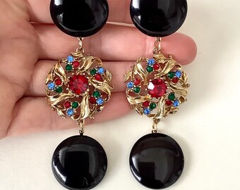 CLIP ON Black and Jewelled Handmade Drop Statement Earrings