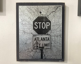 Steel and Wood Image Transfer, ATL Steel Wall Decor, Atlanta Map Art, Atlanta Highway Street Sign Art, ATL Unique Metal Art