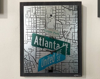 Steel & Wood Atlanta United Street Sign, Metal Atlanta United Map, Atlanta United Fan Art, Grant Park Atlanta Wall Art, Grant Park Print