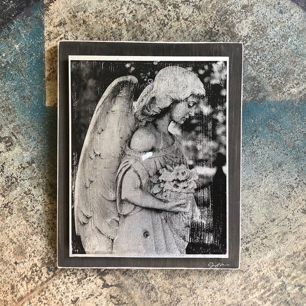 Steel and Wood Cemetery Angel Image Transfer, Angelic Decor, Oakland Cemetery, Handmade Metal Wall Art, Galvanized Steel, Made in Atlanta