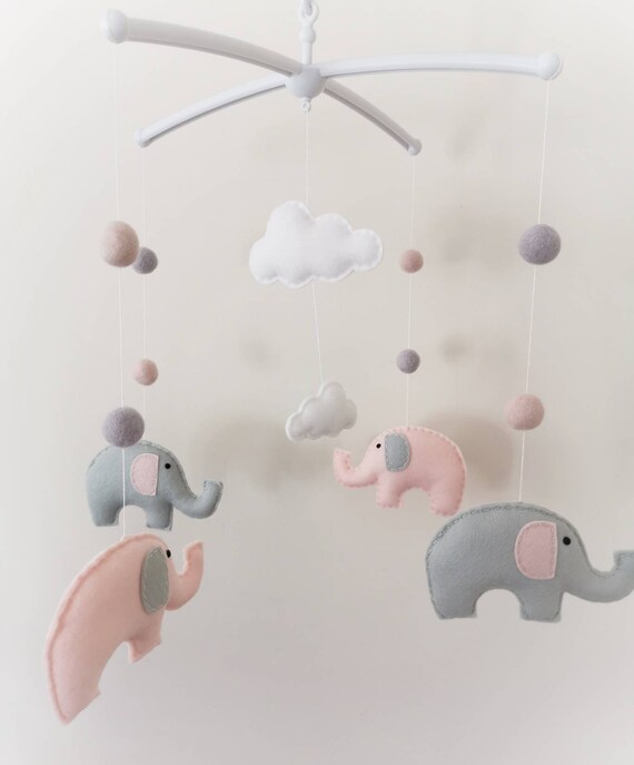 Blush Pink Grey Elephants And Clouds Cot Mobile Baby Etsy Canada