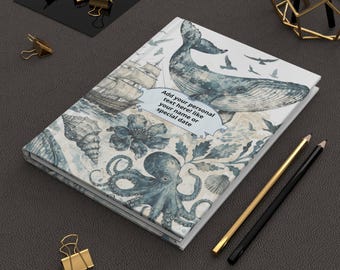 Personalized Nautical Hardcover Journal, Whale Octopus Ship Design, Pioneer School Notebook