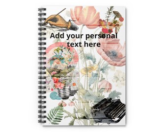Personalized Vintage Floral Typewriter Notebook | Spiral Ruled Journal, Botanical Collage Design
