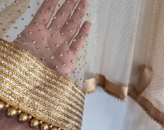 Golden net dupatta with beaded border. Indian dupatta for women with all over glitter dots