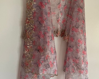 Floral Rose Print Organza Dupatta - Gold Scallop Embroidered Border