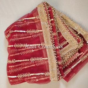 Red dupatta with beaded border. Bridal chunni.