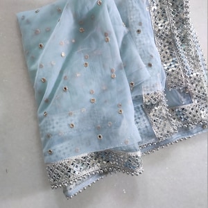 Blue Silver Dupatta  Mirror border dupatta - Ice blue Indian Net dupatta - Designer bridal wedding veil for women. Beaded border.