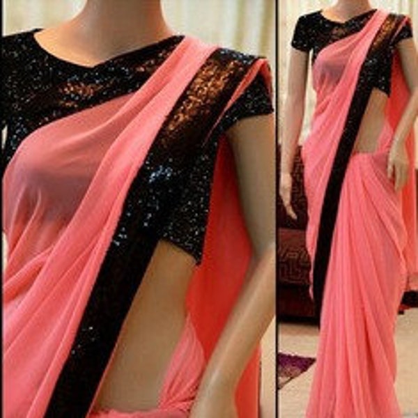 Pink saree with black sequin blouse. 1 minute saree Designer made to order custom blouse with fall and petticoat. Indian Sari