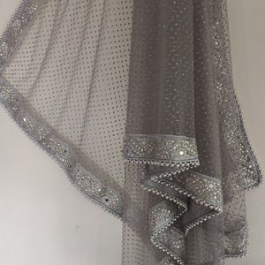 Grey Silver Dupatta with glitter dots. Mirror border dupatta - Grey Indian Net dupatta - Designer bridal veil for women. Beaded border.