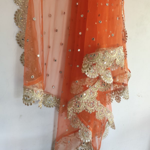 Orange Netz Dupatta mit goldenem Rand | Indischer Dupatta | Braut Hochzeit Schleier Schal für Frauen Mädchen