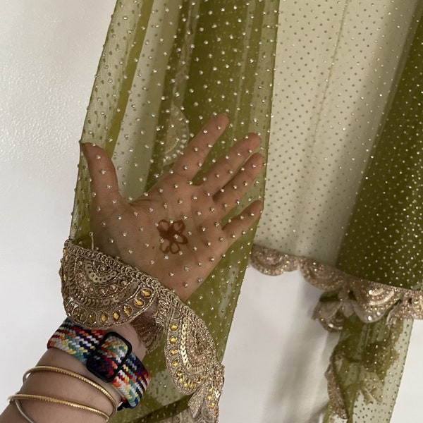 Olive Green Net dupatta with golden beaded border | Indian dupatta | Bridal wedding veil scarf for women girls