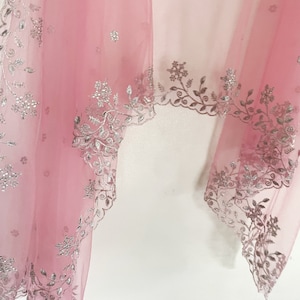 Light pink dupatta with silver embroidery. Indian net dupatta for women