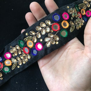 7 Yards Mirror trim, Embroidered Kundan trim lace saree border Blouse border for sari, Black multi color trim 2 inch border