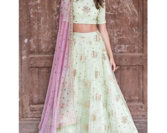 Pastel lehenga choli Indian lengha blouse dupatta for women with embroidery for weddings