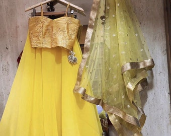 Yellow lehenga choli dupatta custom made to measure for women girls. Indian party wear clothes blouse dupatta skirt