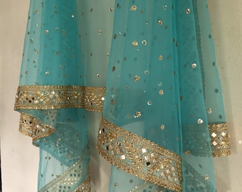 Blue net dupatta with golden mirror border partywear heavy dupatta for women on net with glitter dots all over