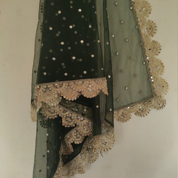 Green Net dupatta with golden beaded border | Indian dupatta | Bridal wedding veil scarf for women girls