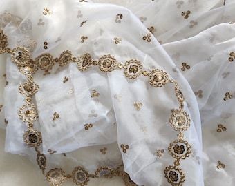 Dyeable White Organza Dupatta: Golden Embroidered Indian Scarf