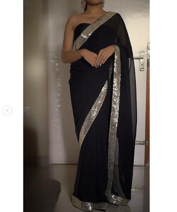 Black saree with silver sequin border. Indian sari for women | Etsy
