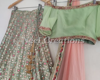 Grean peach Lehenga choli for women girls custom made to measure party wear designer lengha blouse dupatta